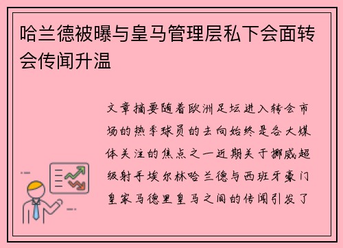哈兰德被曝与皇马管理层私下会面转会传闻升温 哈兰德被曝与皇马管理层私下会面转会传闻升温