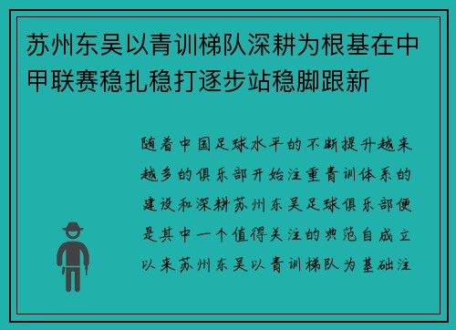 苏州东吴以青训梯队深耕为根基在中甲联赛稳扎稳打逐步站稳脚跟新